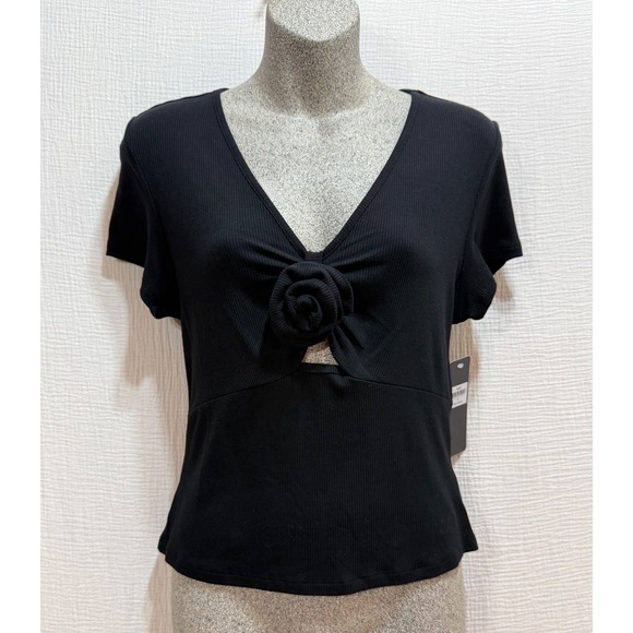 bebe Tops - Bebe Rosette Ribbed Top Women Large Black Short Sleeve V-Neck Cutout Front Goth